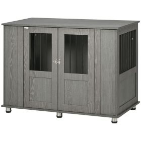 PawHut Extra Large Wooden Dog Crate Furniture End Table with Lockable Magnetic Doors Indoor Pet Kennel Gray